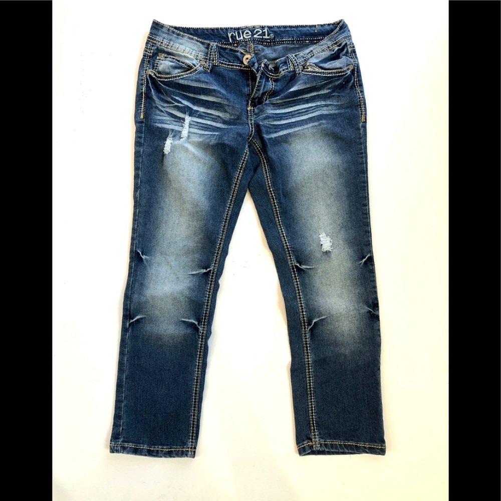 Rue 21 Capri Denim Crop Cuff Embroider Stitch